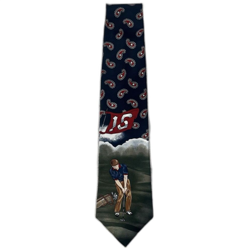 7th Ave 100% Silk Men's Tie Golf Swing Theme Red/Blue Paisley Dad Classic Retro